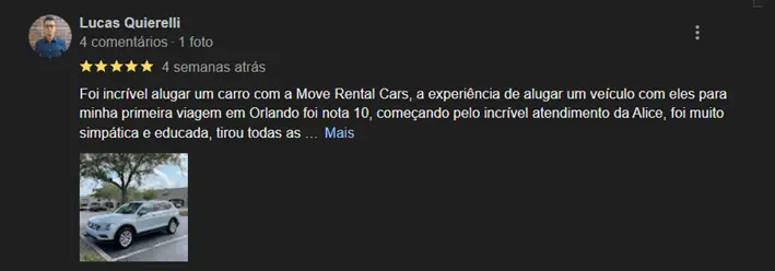 Imagem de um depoimento de cliente Move falando positivamente sobre aluguel de carros em orlando para brasileiros.