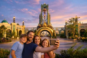 Uma família feliz tira uma foto em frente ao Epic Universe Orlando.