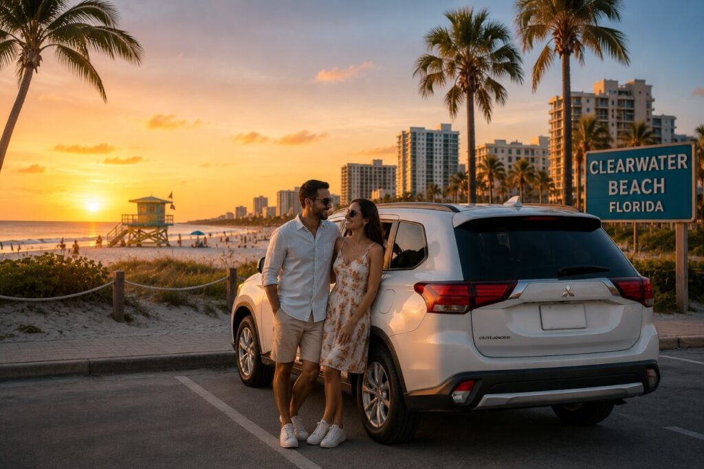 Mitsubishi Outlander branco em frente à placa “Clearwater Beach Florida”, ao pôr do sol, com palmeiras, torre de salva-vidas e pessoas na praia.