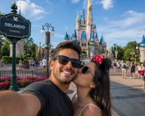 Casal aproveita viagem em Orlando, registrando momento especial diante de atração turística famosa.