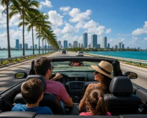 Família viaja de carro pela Flórida, apreciando a paisagem costeira em um dia ensolarado e tranquilo.